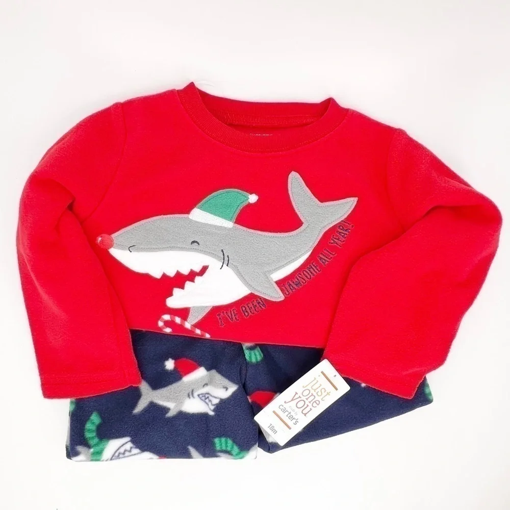 Christmas Shark Fleece Pajamas Set Carter’s Just One You Red Blue New NWT